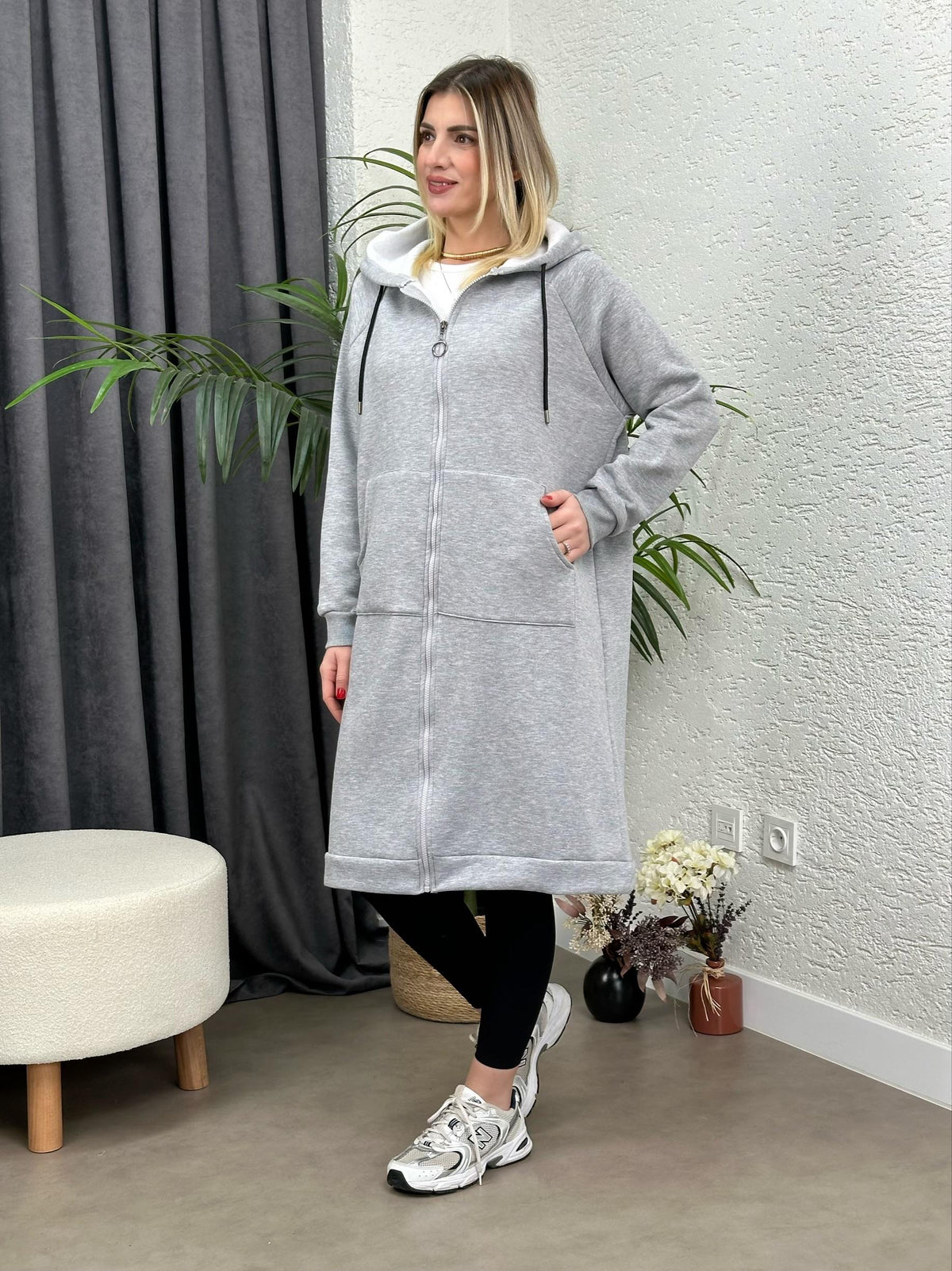 OVERSIZE UZUN SPOR KABAN ŞARDONLU GRİ