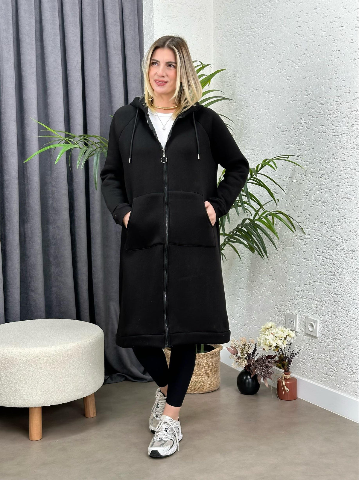 OVERSIZE UZUN SPOR KABAN ŞARDONLU SİYAH