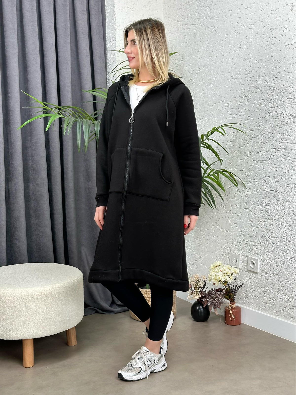 OVERSIZE UZUN SPOR KABAN ŞARDONLU SİYAH