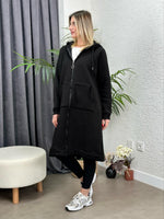 OVERSIZE UZUN SPOR KABAN ŞARDONLU SİYAH
