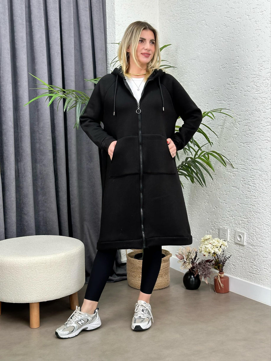 OVERSIZE UZUN SPOR KABAN ŞARDONLU SİYAH
