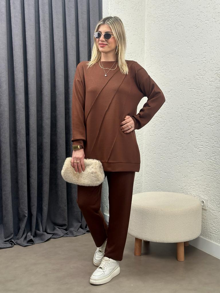 OYSHO KUMAŞ GEOMETRİK DİKİŞLİ TAKIM KAHVE