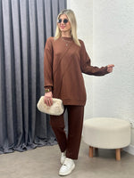 OYSHO KUMAŞ GEOMETRİK DİKİŞLİ TAKIM KAHVE