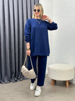 OYSHO KUMAŞ GEOMETRİK DİKİŞLİ TAKIM LACİVERT