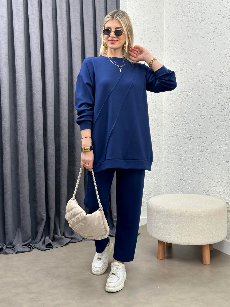 OYSHO KUMAŞ GEOMETRİK DİKİŞLİ TAKIM LACİVERT