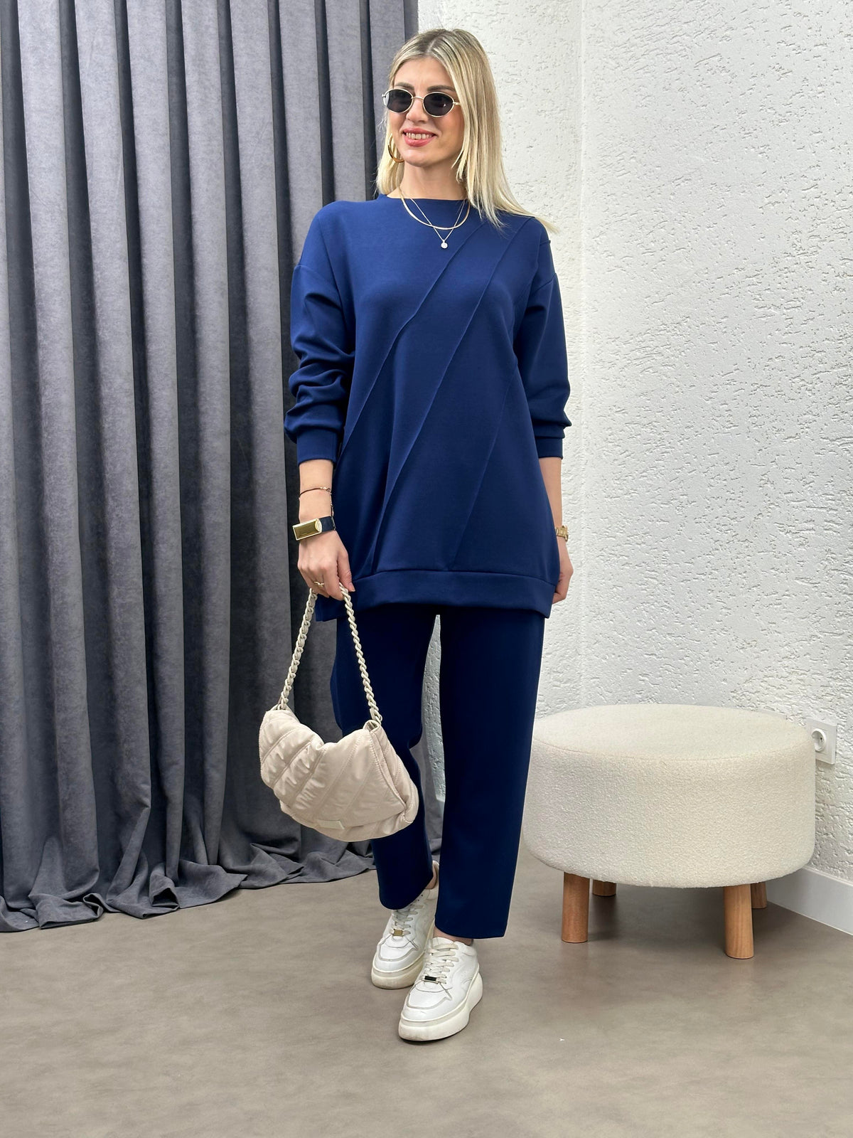 OYSHO KUMAŞ GEOMETRİK DİKİŞLİ TAKIM LACİVERT