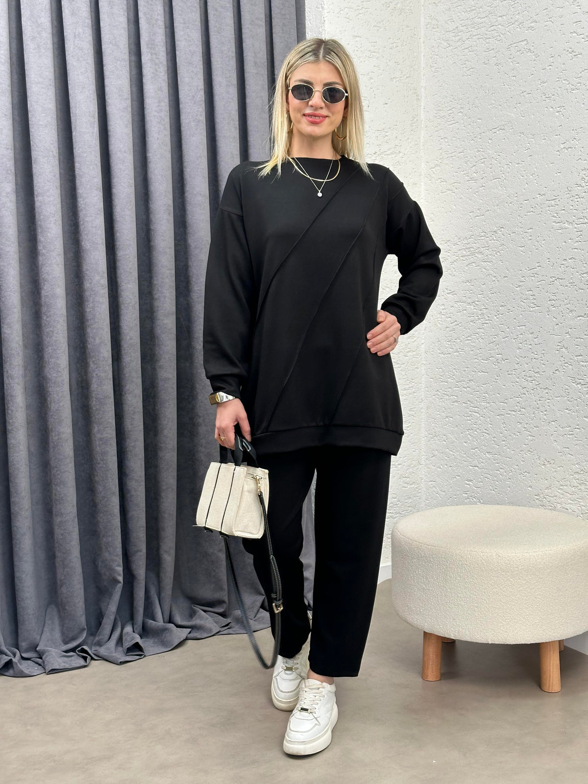 OYSHO KUMAŞ GEOMETRİK DİKİŞLİ TAKIM SİYAH