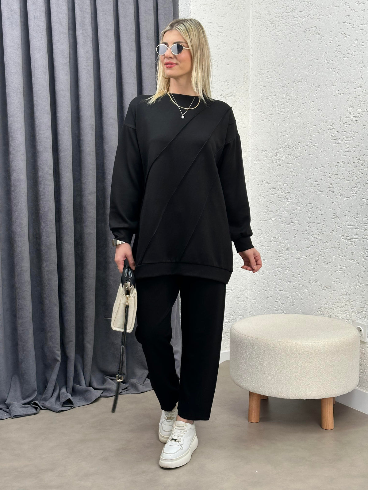OYSHO KUMAŞ GEOMETRİK DİKİŞLİ TAKIM SİYAH