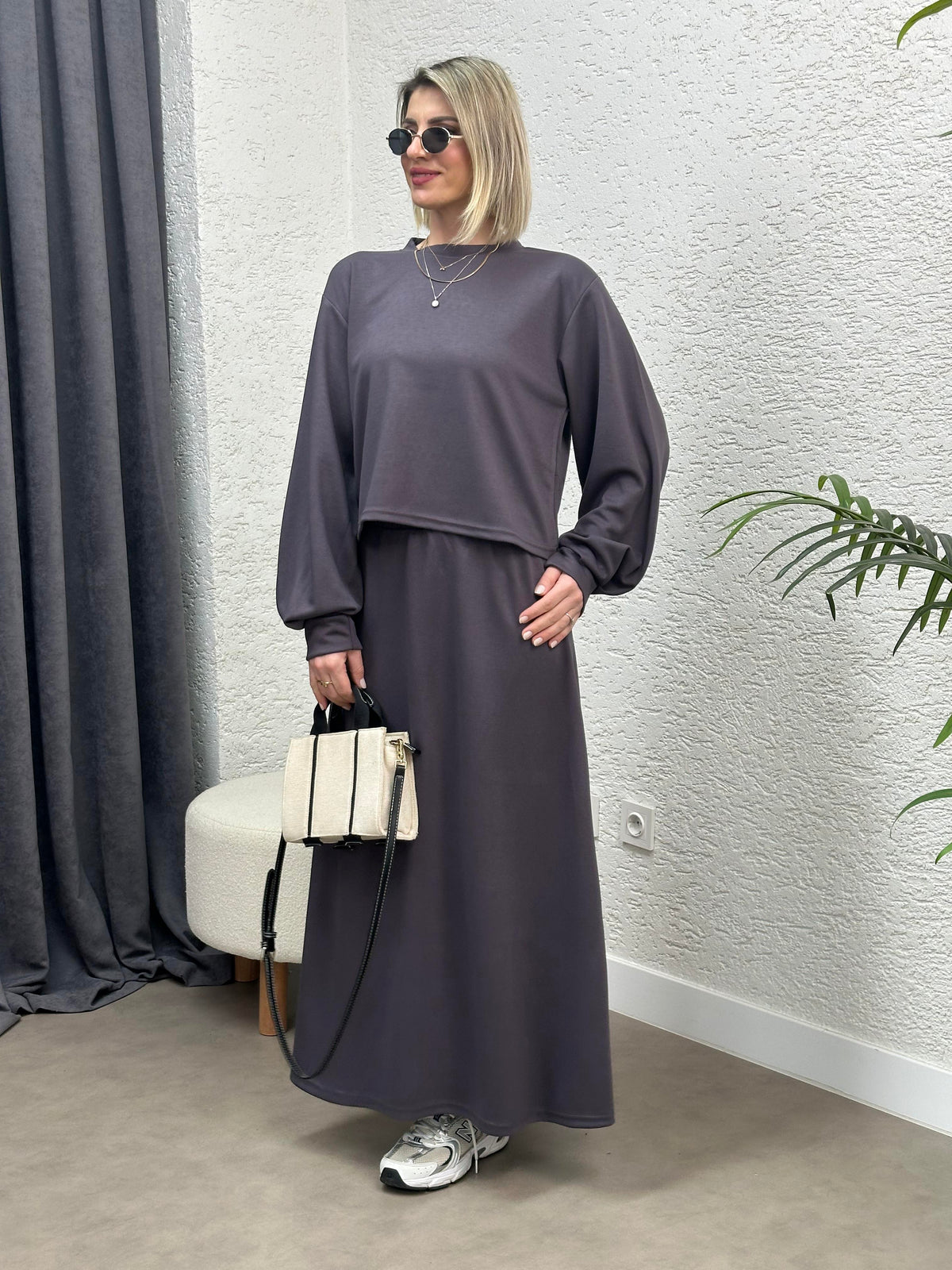 OYSHO KUMAŞ İKİLİ ETEK BLUZ TAKIM ANTRASİT