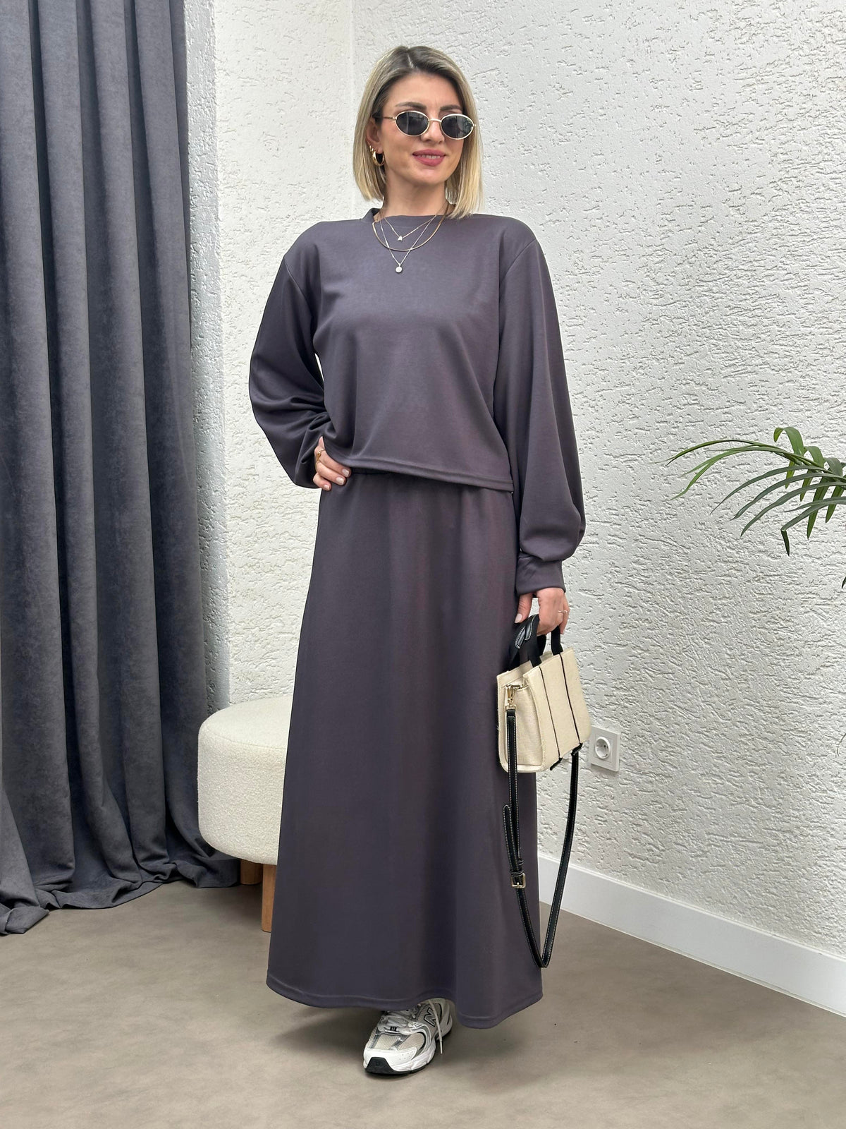 OYSHO KUMAŞ İKİLİ ETEK BLUZ TAKIM ANTRASİT