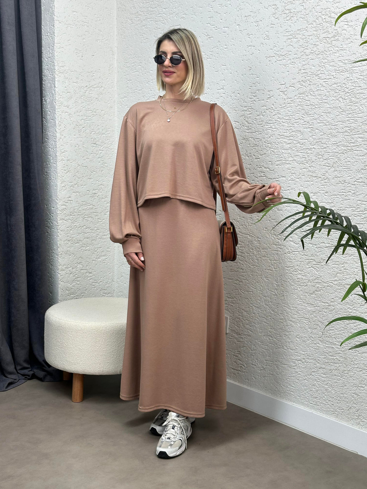 OYSHO KUMAŞ İKİLİ ETEK BLUZ TAKIM VİZON