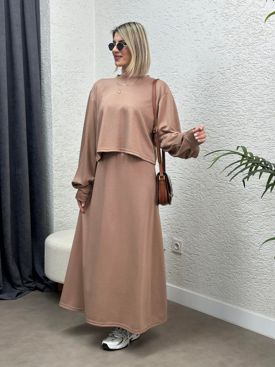 OYSHO KUMAŞ İKİLİ ETEK BLUZ TAKIM VİZON