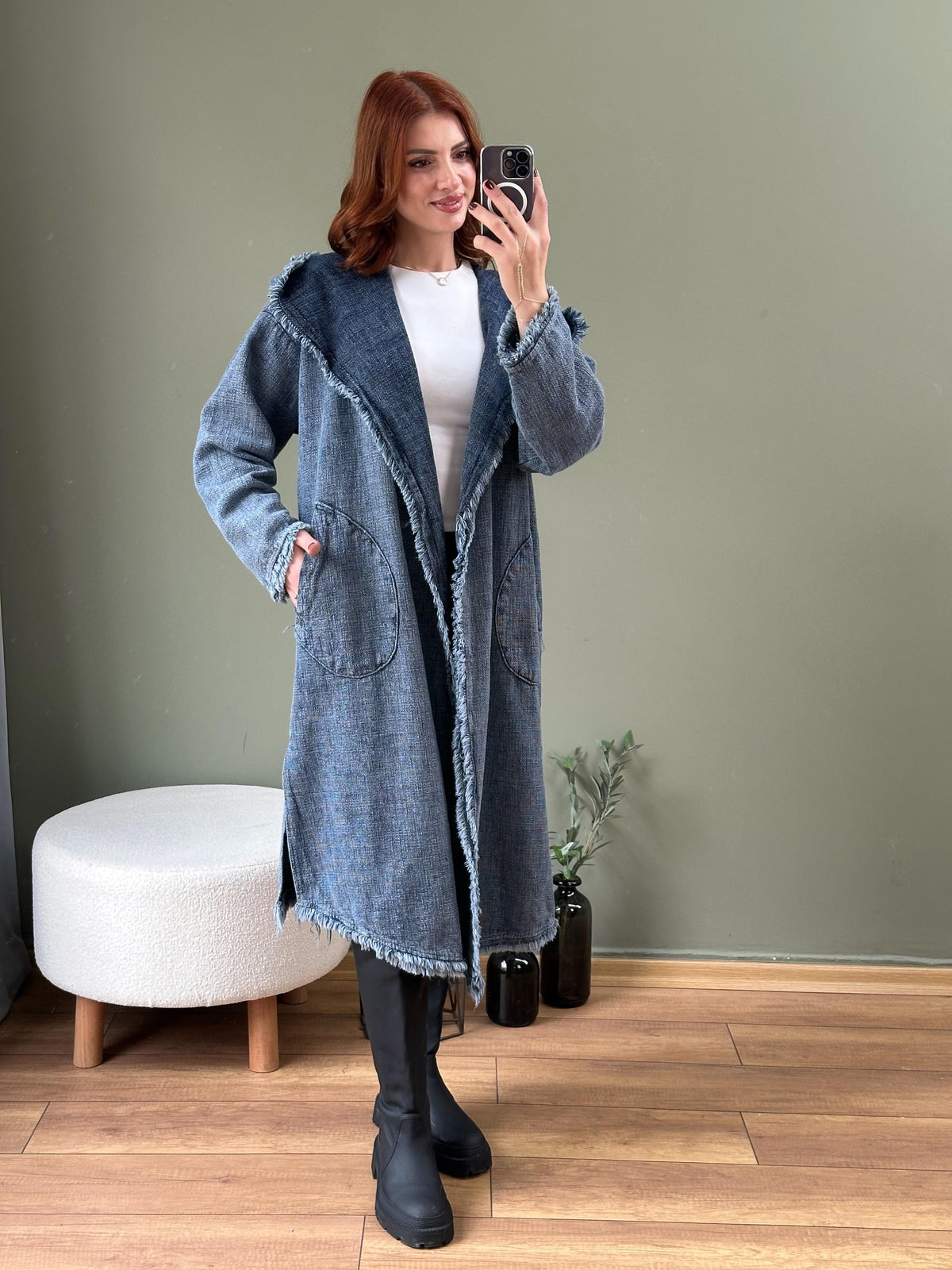 Özel tasarım kapüşonlu denim kap