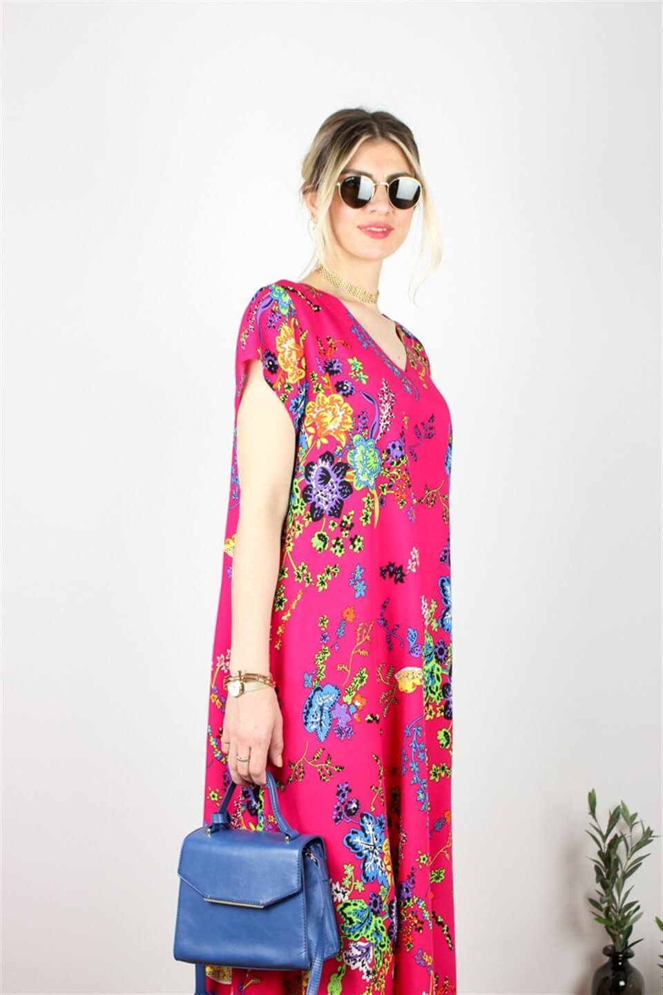 PAMUKLU VİSKON ÇİÇEK DESENLİ ELBİSE PEMBE