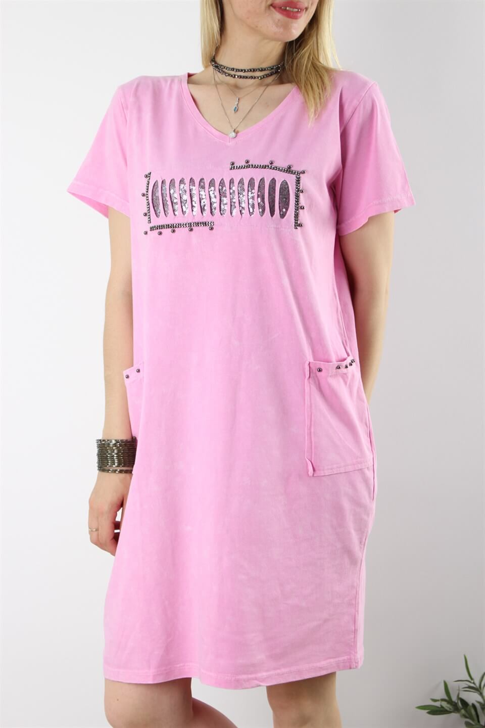PAYET DETAYLI ESKİTME MODEL ELBİSE PEMBE