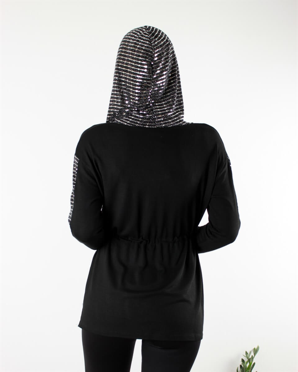 PAYETLİ BÜZGÜ DETAYLI SİYAH HIRKA