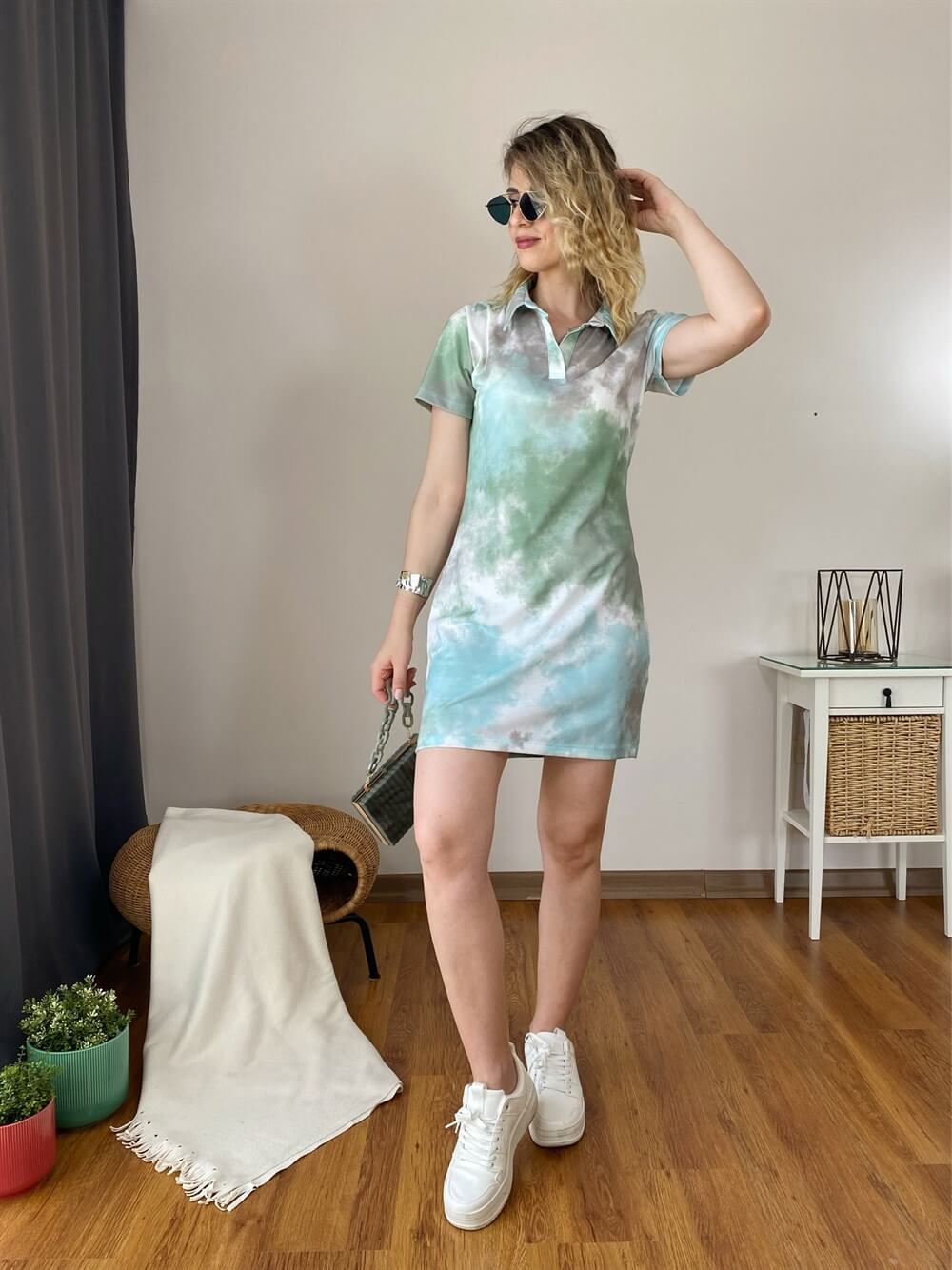 POLO YAKA BATİK KISA ELBİSE YEŞİL