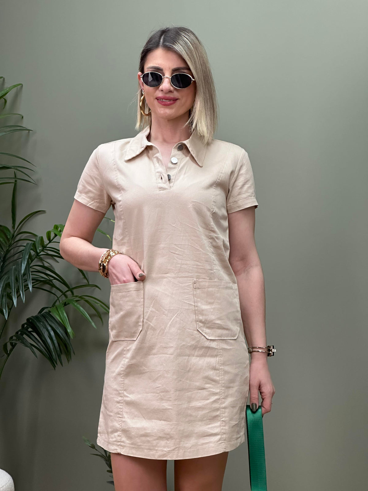 POLO YAKA GABARDİN ELBİSE KREM