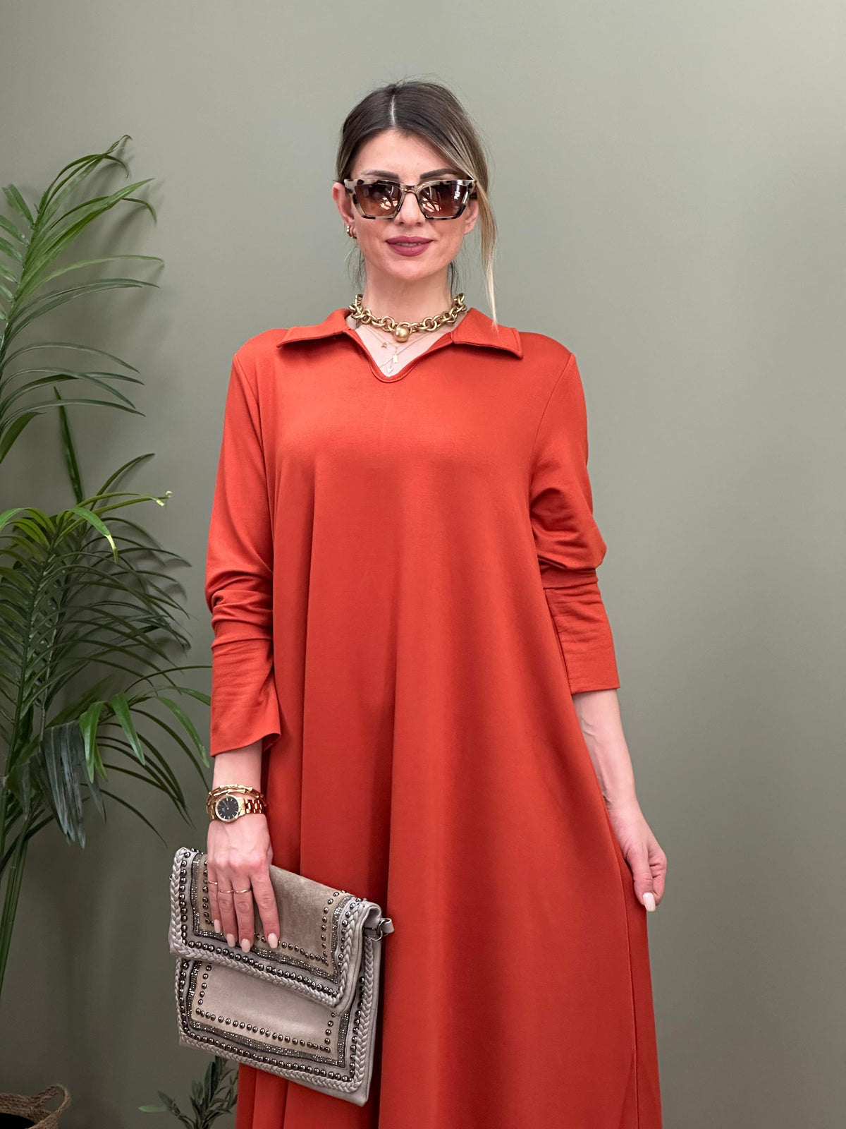 POLO YAKA PAMUK SWEAT ELBİSE KİREMİT