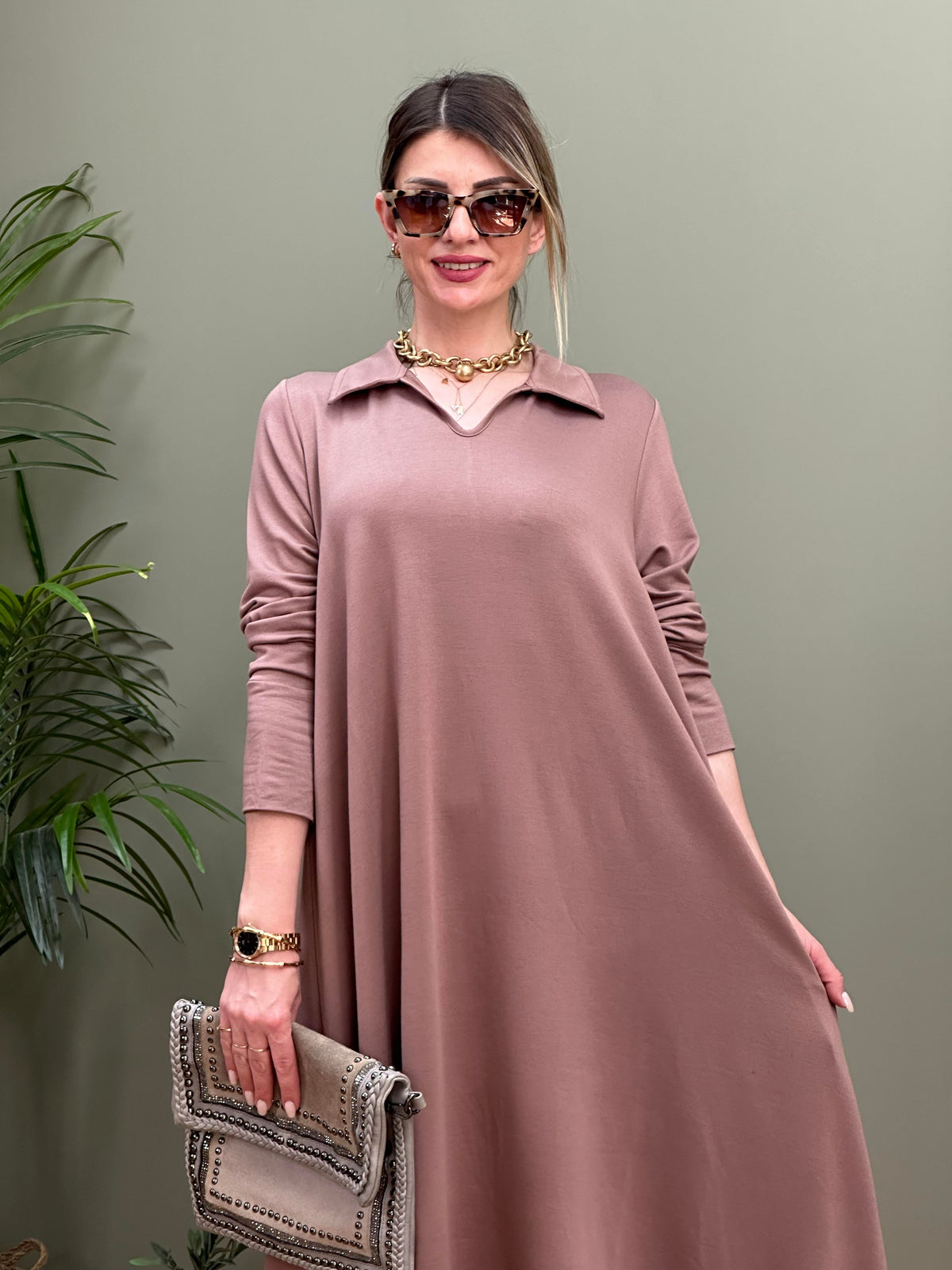 POLO YAKA PAMUK SWEAT ELBİSE VİZON