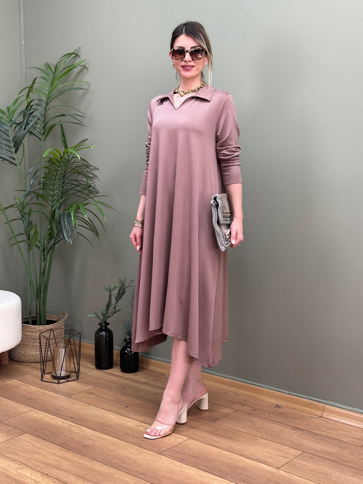 POLO YAKA PAMUK SWEAT ELBİSE VİZON