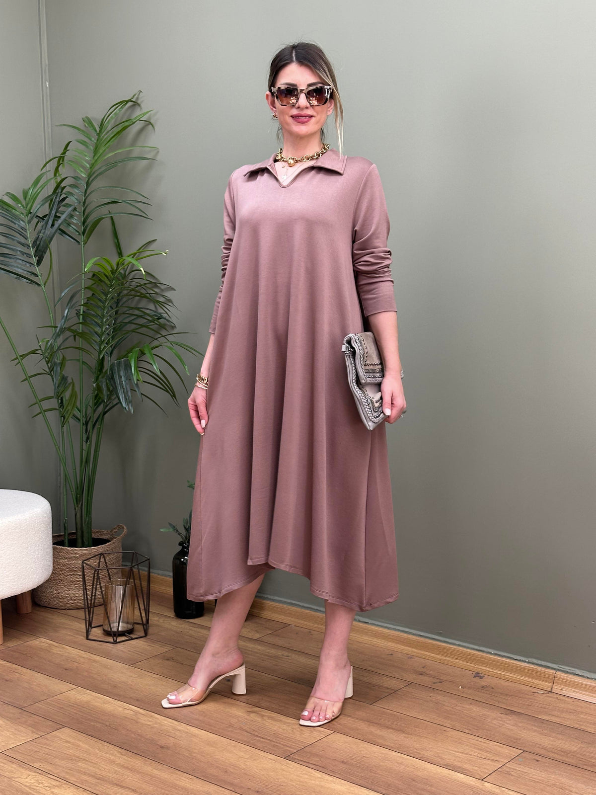 POLO YAKA PAMUK SWEAT ELBİSE VİZON