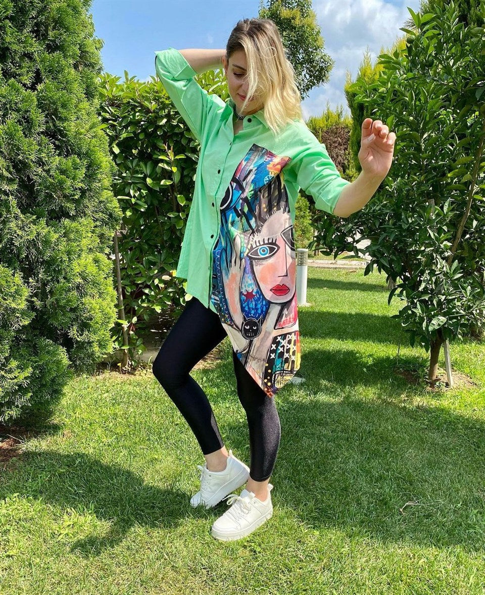 POPLİN KUMAŞ OVERSİZE YEŞİL GÖMLEK