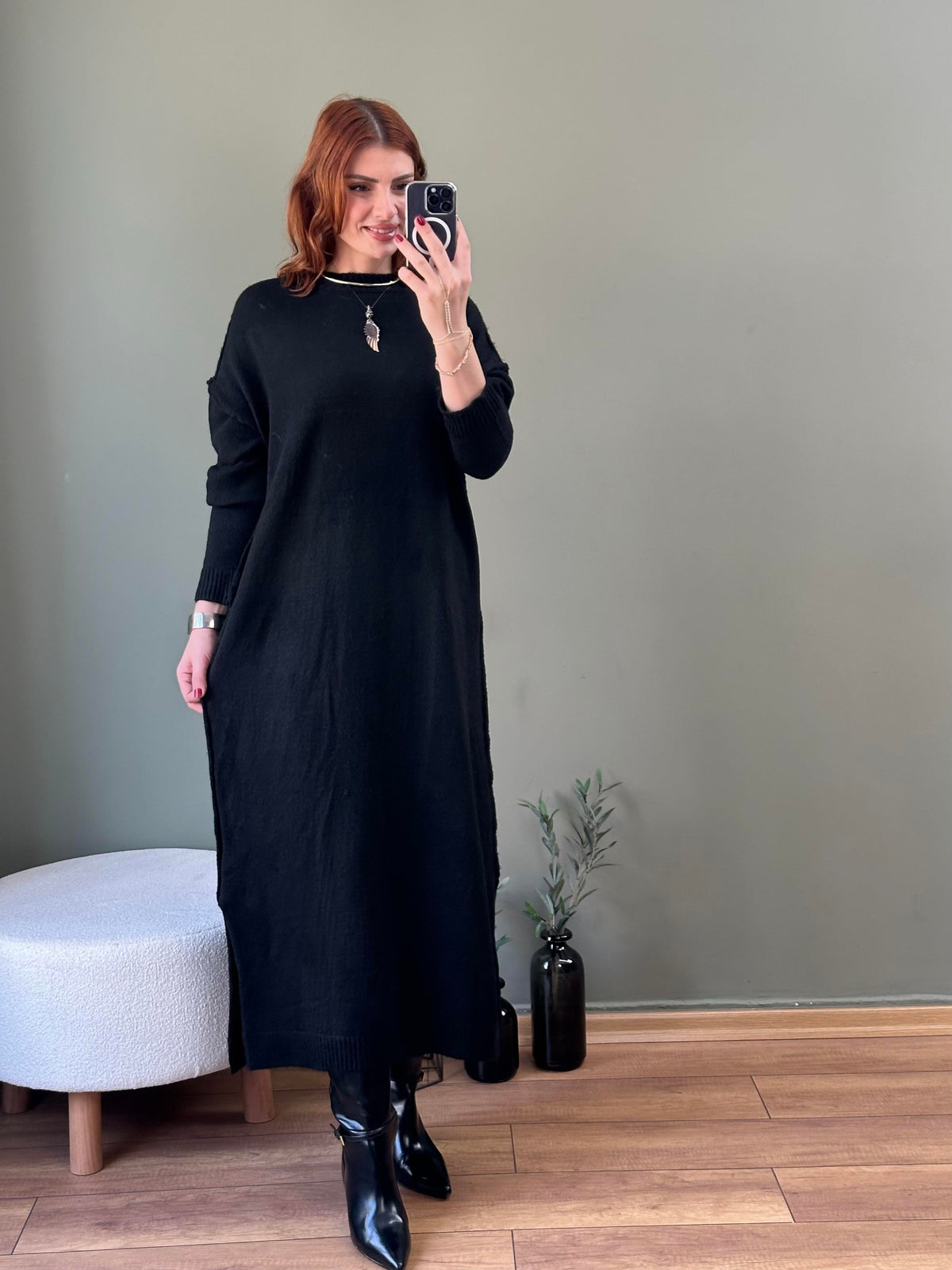 Premium seri yan yırtmaçlı ters dikiş triko elbise siyah