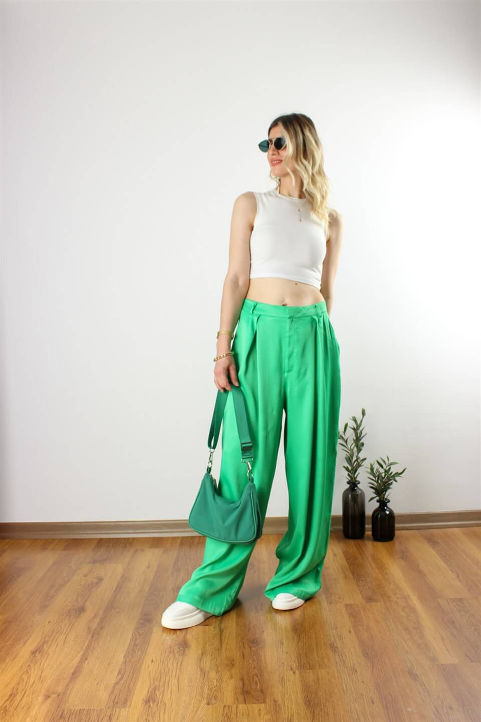 SATEN YEŞİL PANTOLON