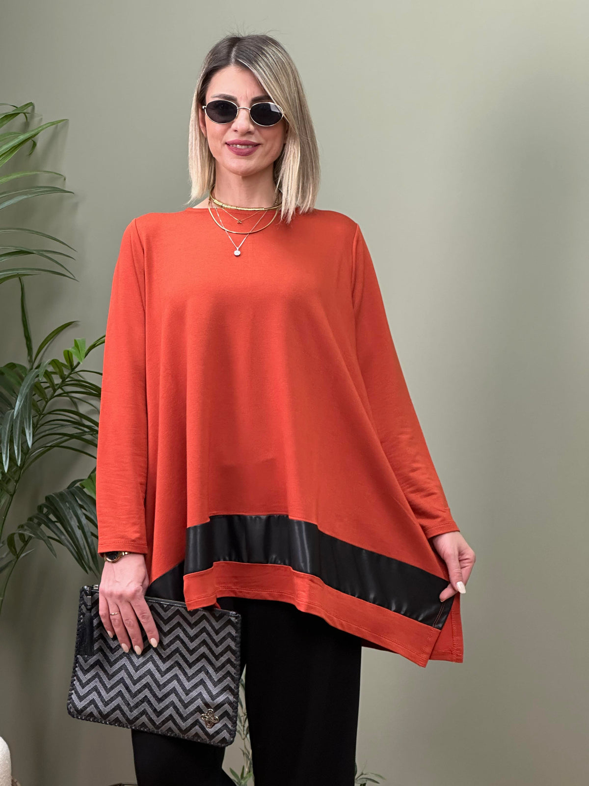 ŞERİT DETAYLI TUNİK ASİMETRİK TUNİK KİREMİT