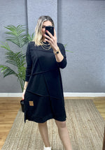 SİYAH OVERSİZE GEOMETRİK  DİKİŞ DETAYLI SWEAT TUNİK