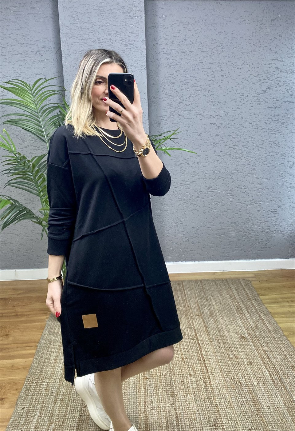 SİYAH OVERSİZE GEOMETRİK  DİKİŞ DETAYLI SWEAT TUNİK