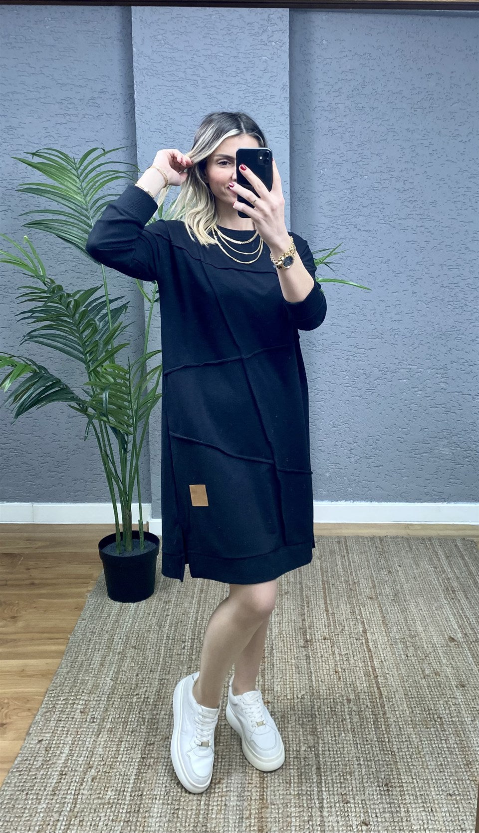 SİYAH OVERSİZE GEOMETRİK  DİKİŞ DETAYLI SWEAT TUNİK