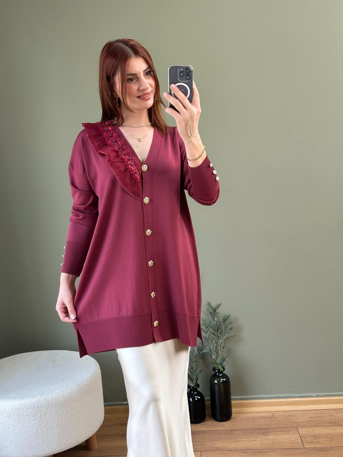 SOĞUK İPLİK MERSERİZE GÜPÜR DETAYLI HIRKA BORDO