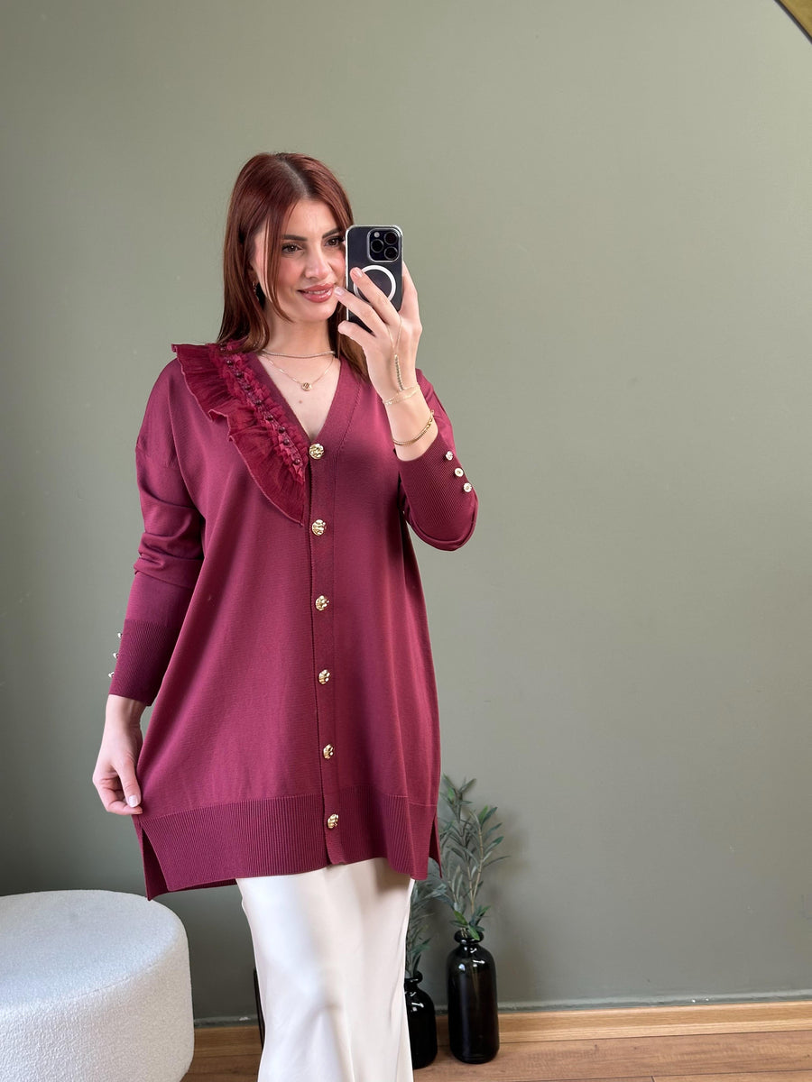 SOĞUK İPLİK MERSERİZE GÜPÜR DETAYLI HIRKA BORDO