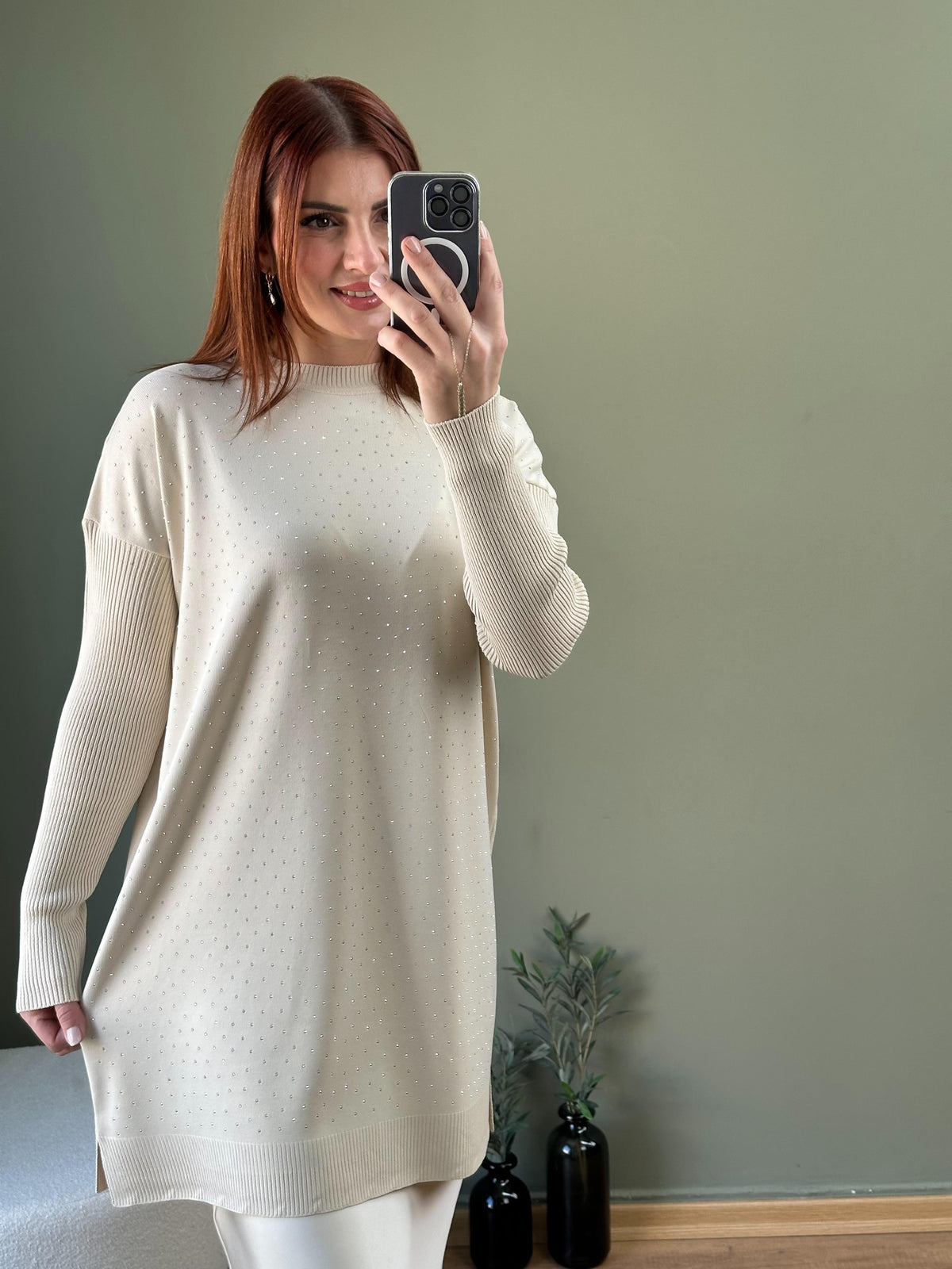SOĞUK İPLİK MERSERİZE TAŞLI TUNİK KREM