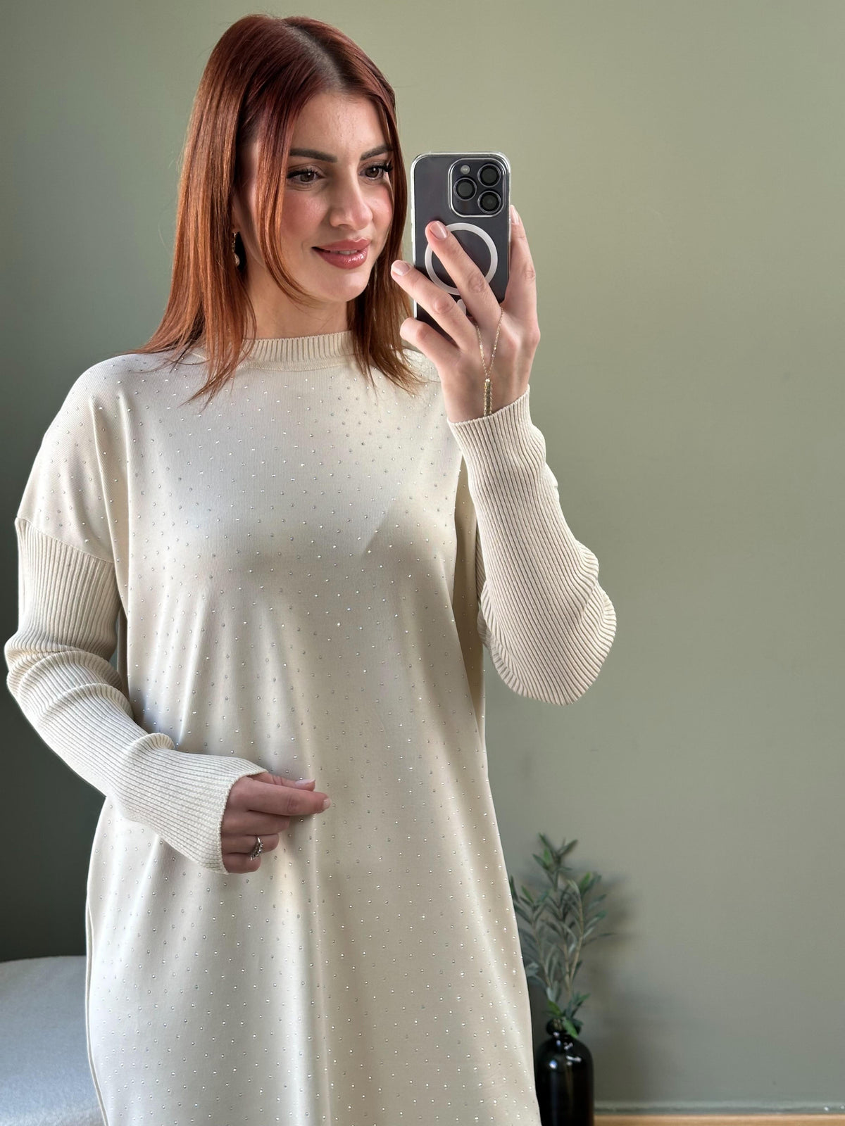 SOĞUK İPLİK MERSERİZE TAŞLI TUNİK KREM