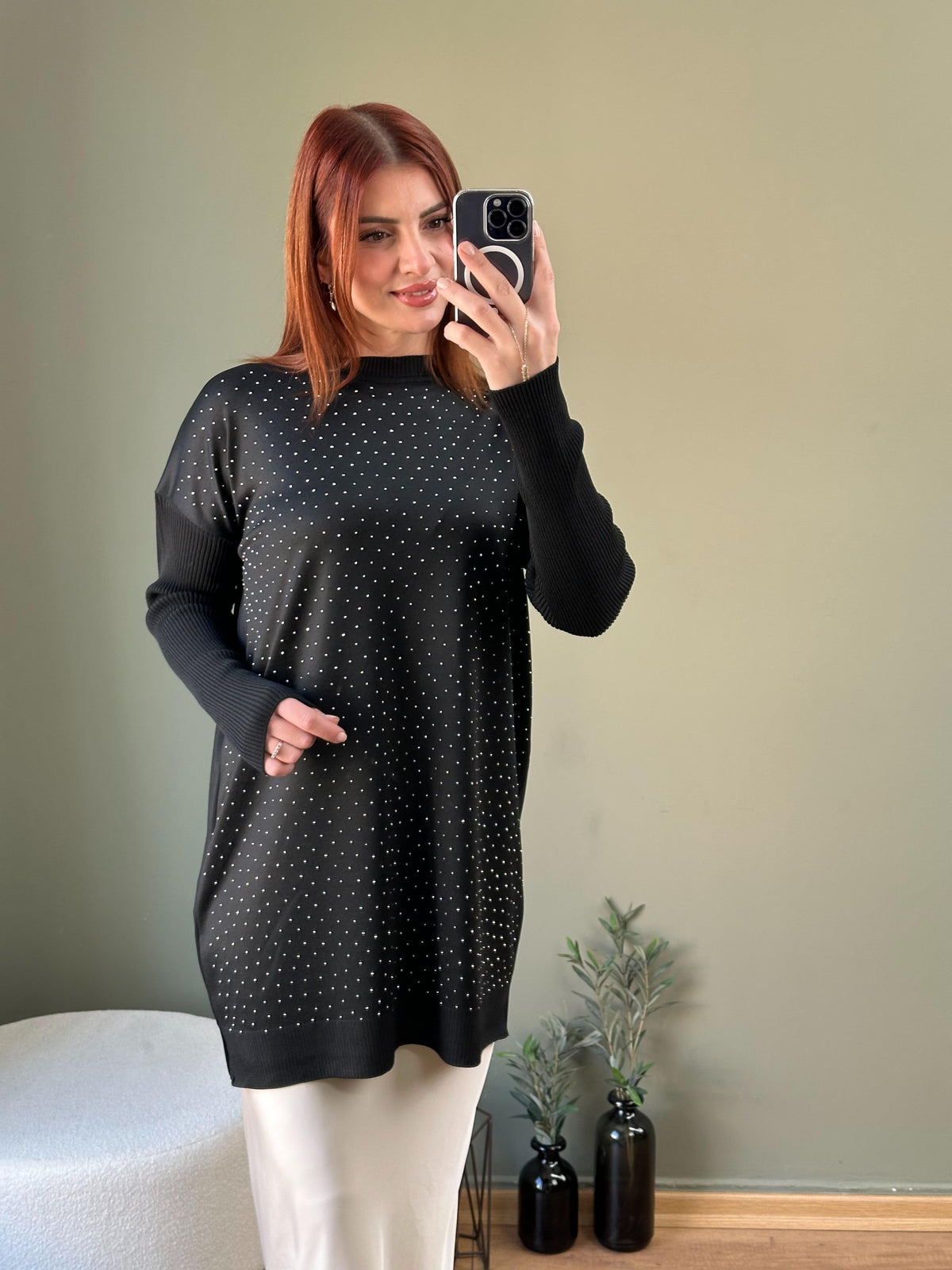 SOĞUK İPLİK MERSERİZE TAŞLI TUNİK SİYAH