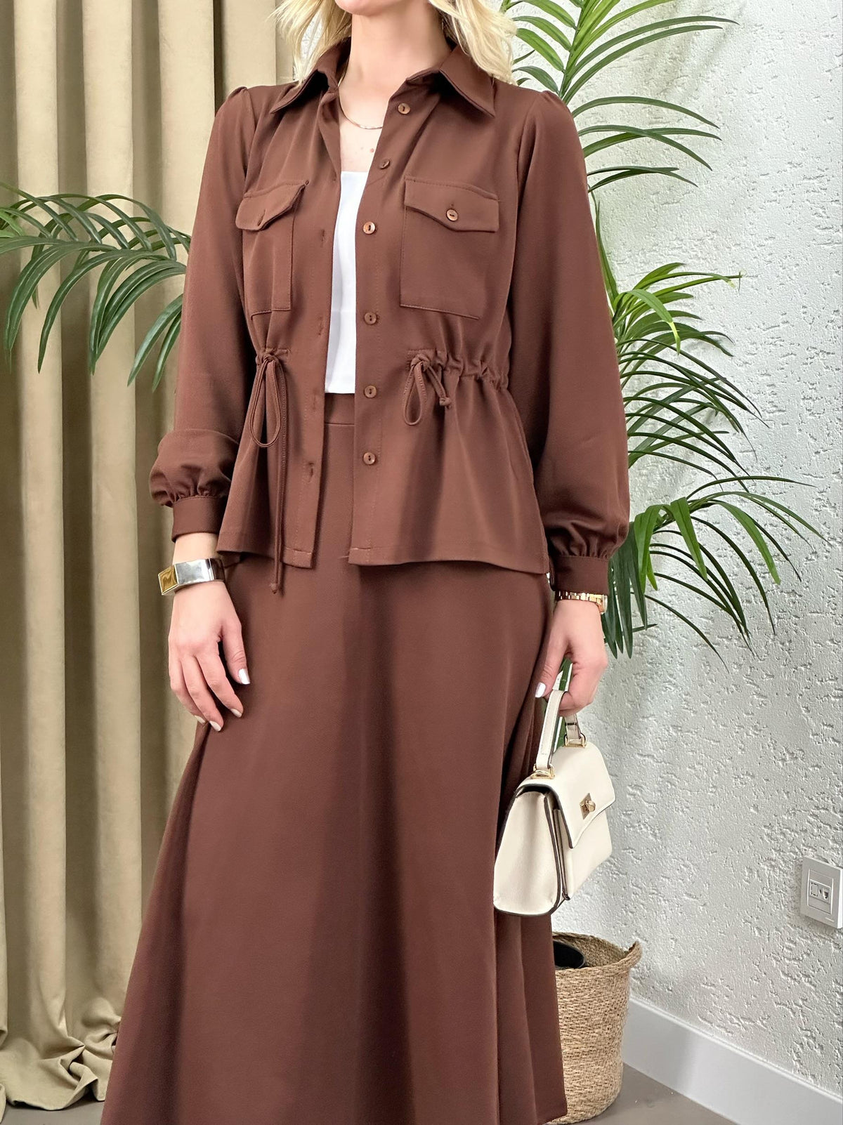 STİL BEL BÜZGÜLÜ CEKET ETEK TAKIM KAHVE