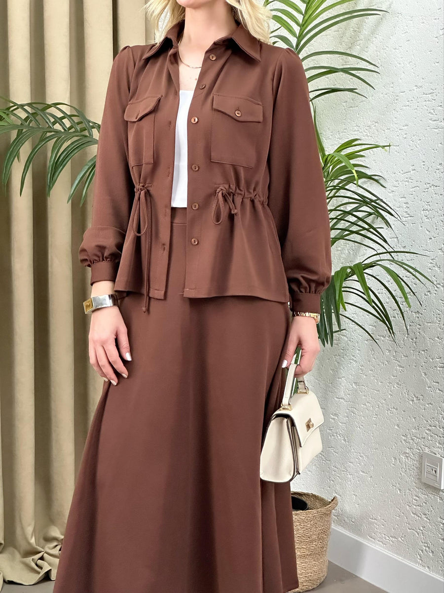 STİL BEL BÜZGÜLÜ CEKET ETEK TAKIM KAHVE