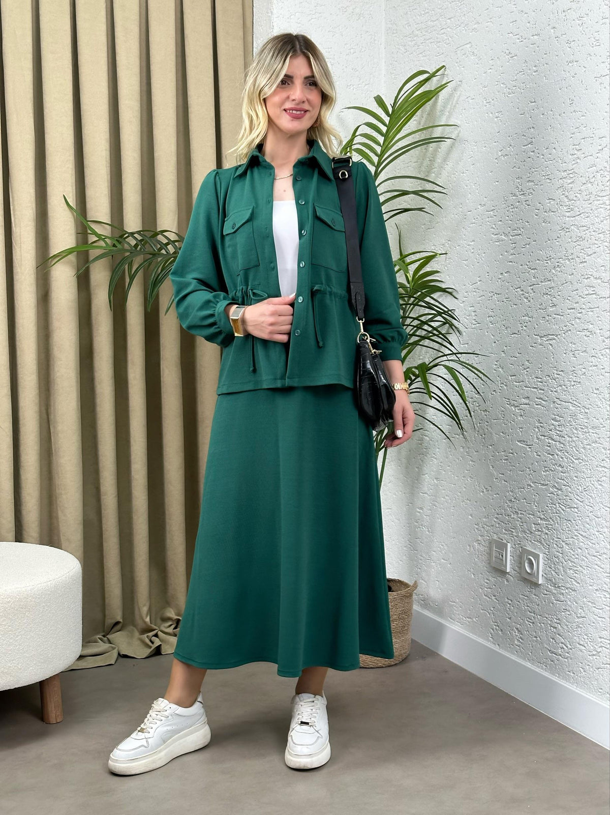 STİL BEL BÜZGÜLÜ CEKET ETEK TAKIM ZÜMRÜT
