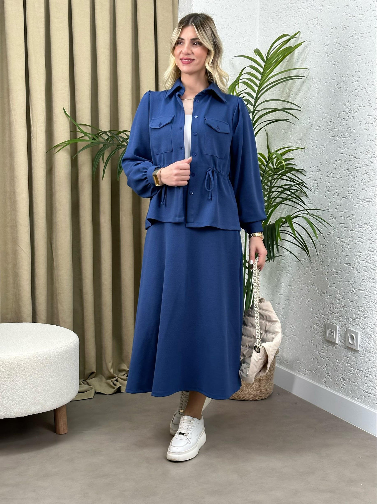 STİL BEL BÜZGÜLÜ CEKET TAKIM SAKS MAVİ
