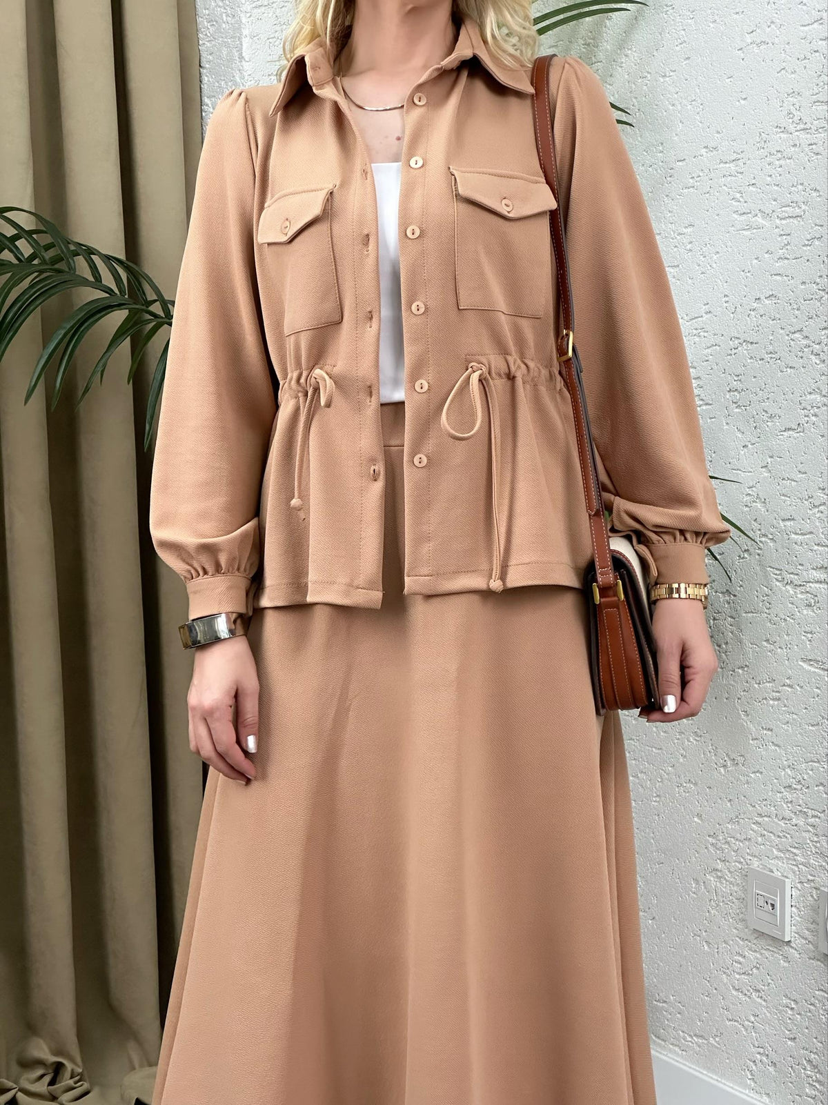 STİL BEL BÜZGÜLÜ CEKET TAKIM VİZON
