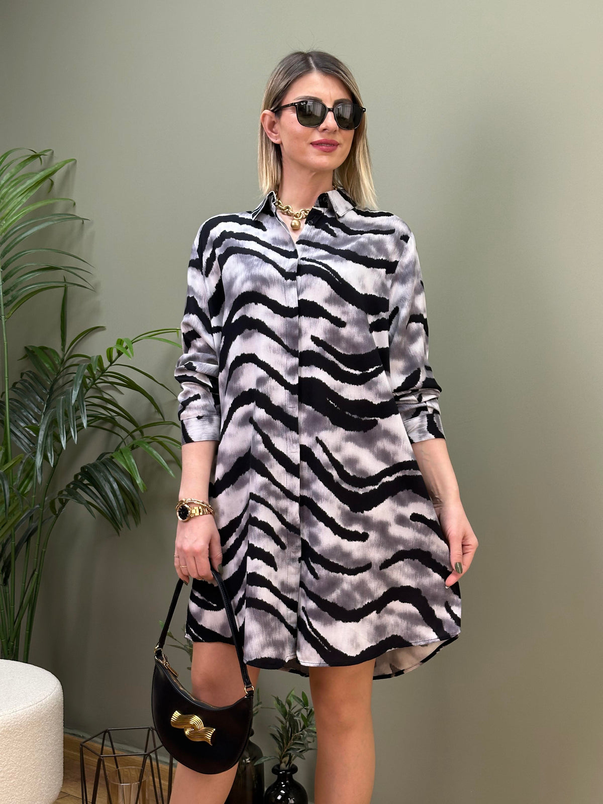 STİL İTALYAN VİSKON GÖMLEK TUNİK GRİ ZEBRA