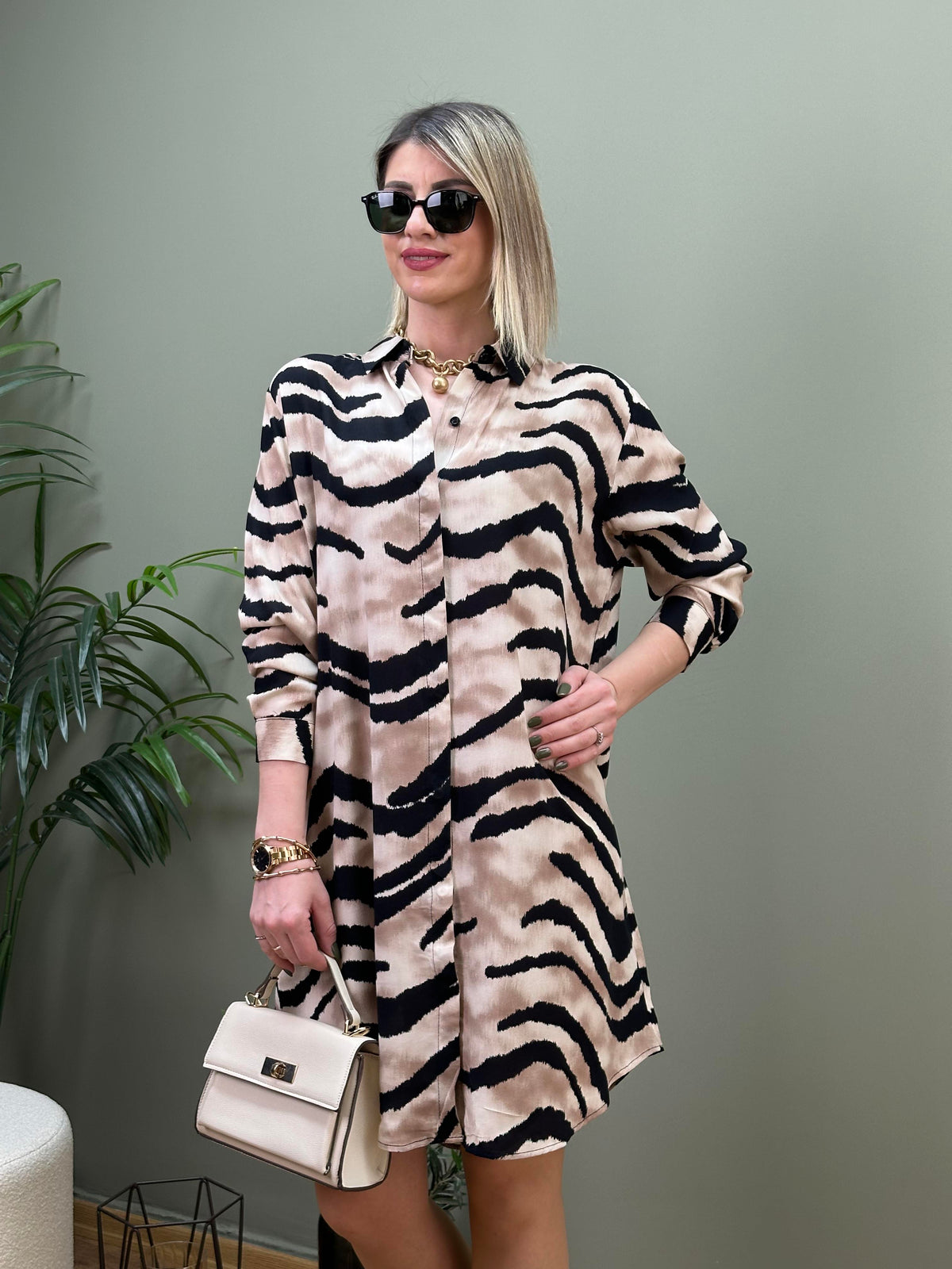 STİL İTALYAN VİSKON GÖMLEK TUNİK KREM ZEBRA