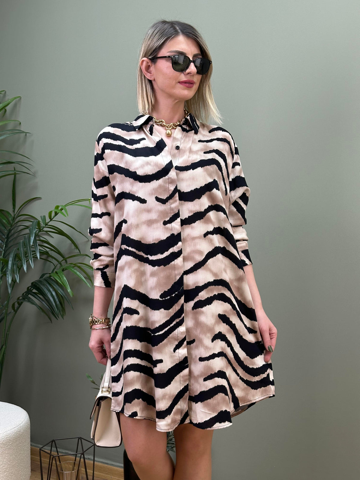 STİL İTALYAN VİSKON GÖMLEK TUNİK KREM ZEBRA