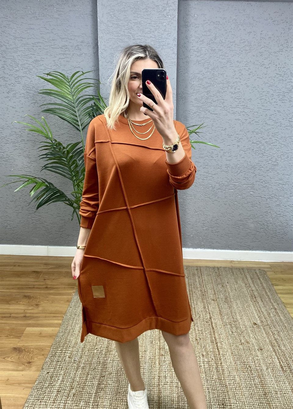 TARÇIN OVERSİZE GEOMETRİK  DİKİŞ DETAYLI SWEAT TUNİK