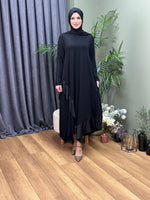 TASARIM %100 PAMUK DERİ ŞERİTLİ ASİMETRİK ELBİSE SİYAH