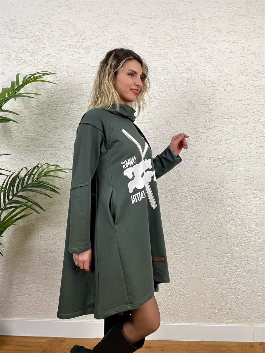 TASARIM BASKILI BÜZGÜ DETAYLI HAKİ ELBİSE