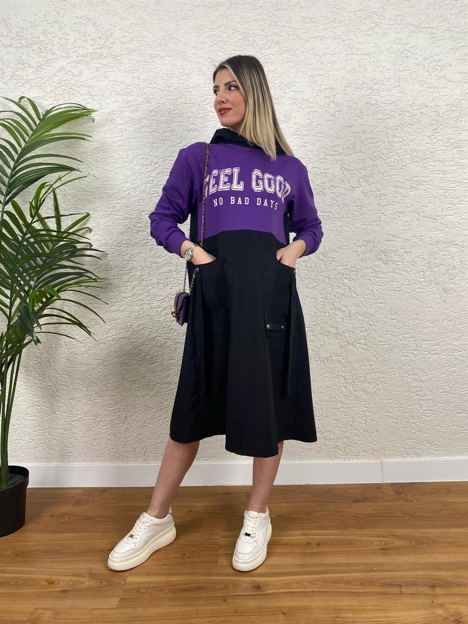 TASARIM BASKILI SWEAT ELBİSE MOR